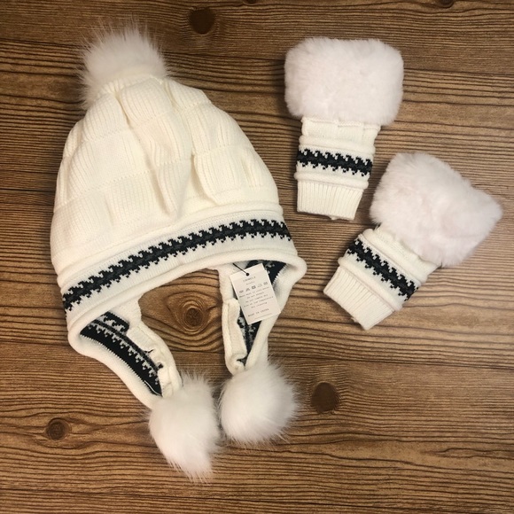 White Geometric Trim Faux Fur Pom-Pom Ear-Flap Beanie & Fingerless Glove… - Picture 1 of 7